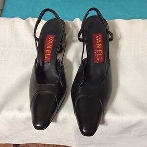 Vaneli Black Leather Slingback Mid Heels